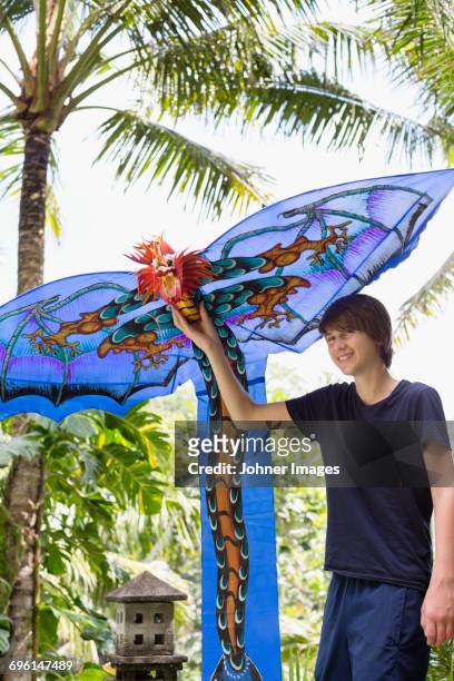 teenage boy with kite - indonesian kite stock pictures, royalty-free photos & images