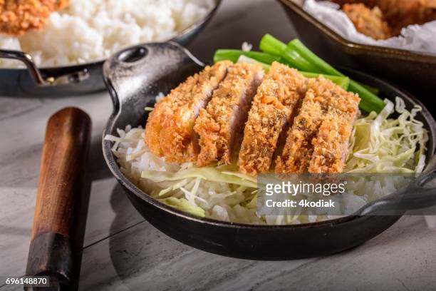 crosta de panko costeletas de porco crocante com arroz cozido no vapor - tonkatsu - fotografias e filmes do acervo