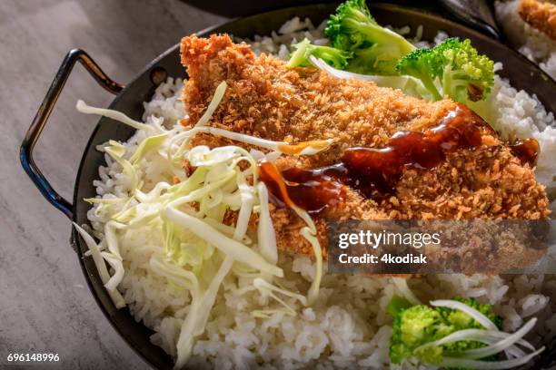 crosta de panko costeletas de porco crocante com arroz cozido no vapor - tonkatsu - fotografias e filmes do acervo