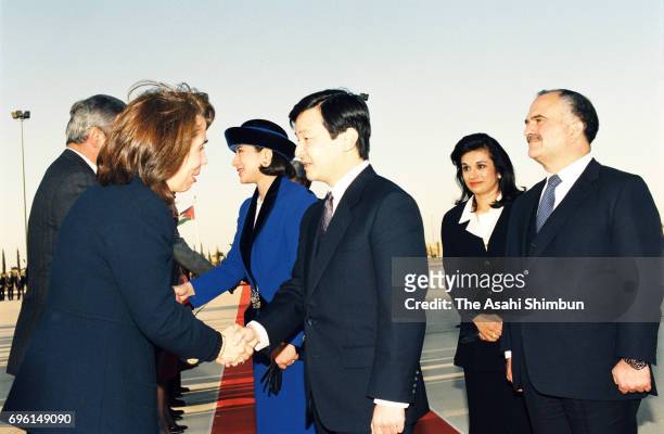 Crown Prince Naruhito and Crown Princess Masako are seen off by Crown Prince Hassan bin Talal and his wife Princess Sarvath al-Hassan at Queen Alia...