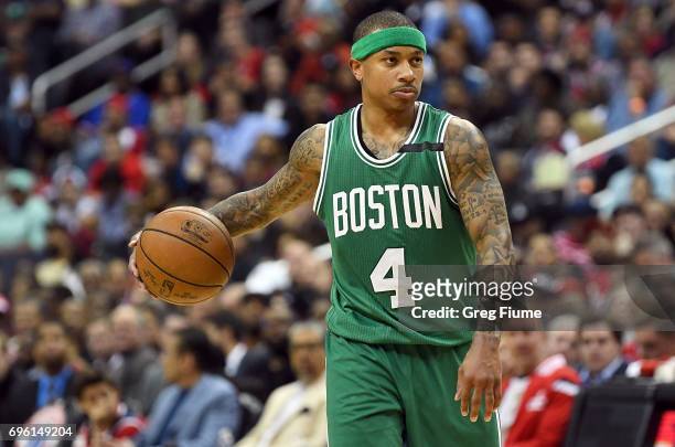 Isaiah Thomas of the Boston Celtics handles the ball against the Washington Wizards in Game Three of the Eastern Conference Semifinals at Verizon...