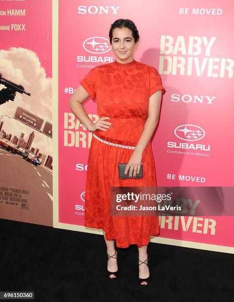 Actress Alanna Masterson attends the premiere of "Baby Driver" at Ace Hotel on June 14, 2017 in Los Angeles, California.