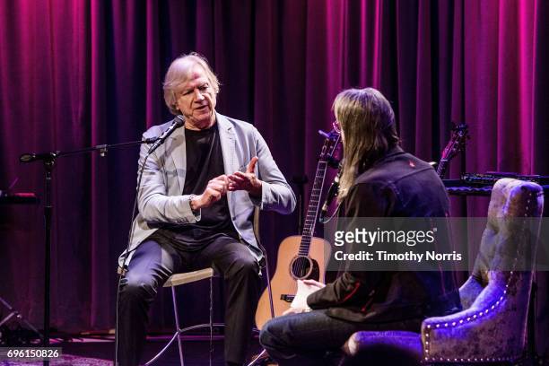 Justin Hayward and Scott Goldman speak during An Evening With Justin Hayward at The GRAMMY Museum on June 14, 2017 in Los Angeles, California.