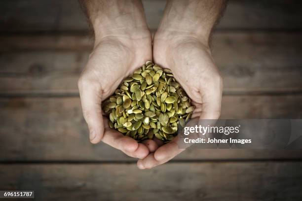 pumpkin seeds in mans hands, close-up - pumpkin seed stock pictures, royalty-free photos & images