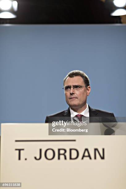 Thomas Jordan, president of the Swiss National Bank , looks on during the bank's rate announcement news conference in Bern, Switzerland, on Thursday,...