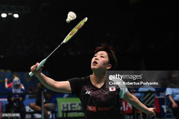 Akane Yamaguchi of Japan competes against Nozomi Okuhara of Japan during Womens Single Round 2 match of the BCA Indonesia Open 2017 at Plenary Hall...