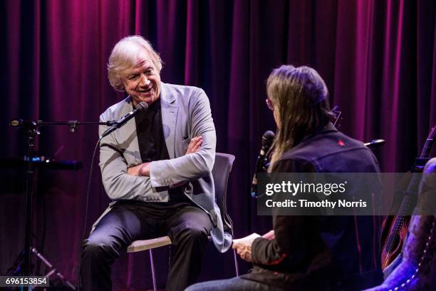 Justin Hayward and Scott Goldman speak during An Evening With Justin Hayward at The GRAMMY Museum on June 14, 2017 in Los Angeles, California.