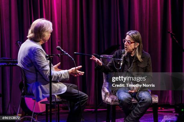 Justin Hayward and Scott Goldman speak during An Evening With Justin Hayward at The GRAMMY Museum on June 14, 2017 in Los Angeles, California.