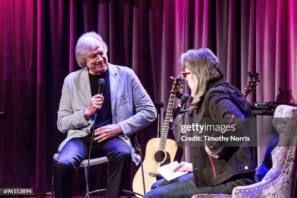 Justin Hayward and Scott Goldman speak during An Evening With Justin Hayward at The GRAMMY Museum on June 14, 2017 in Los Angeles, California.