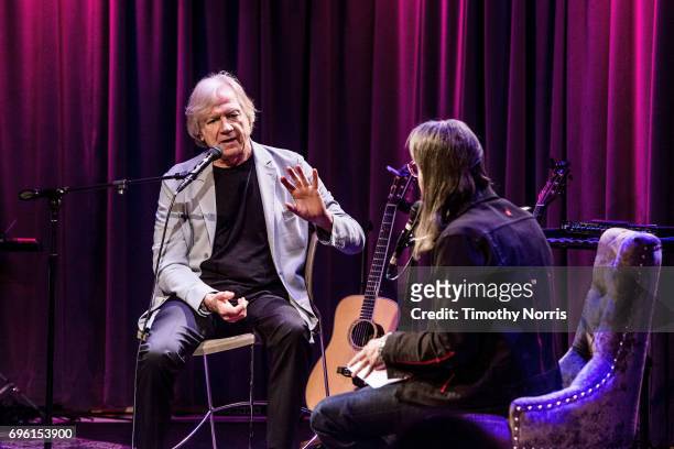 Justin Hayward and Scott Goldman speak during An Evening With Justin Hayward at The GRAMMY Museum on June 14, 2017 in Los Angeles, California.