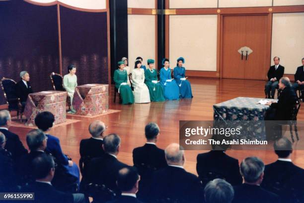 Emperor Akihito, Empress Michiko and royal family members attend the 'Kosho-Hajime-no-Gi', new lecture of the New Year at the Imperial Palace on...