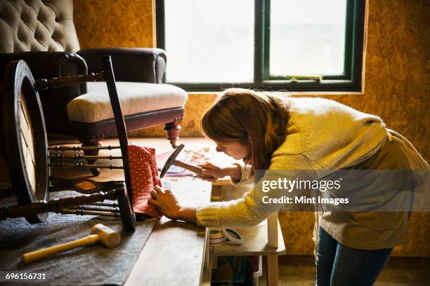 upholstery workshop. a woman hammering fabric and padding to a chair frame. - antique sofa styles foto e immagini stock