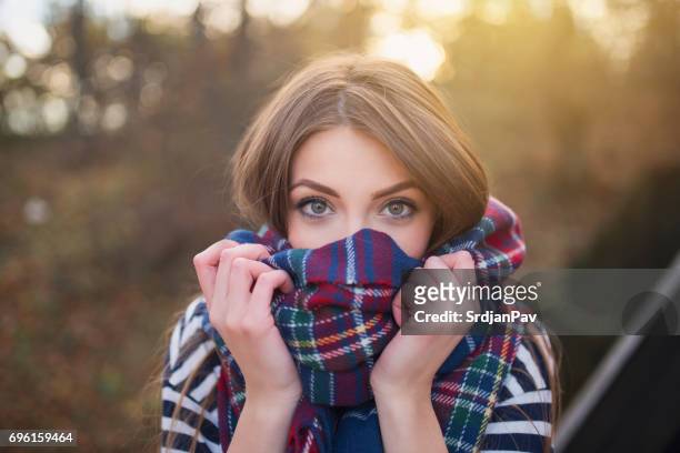green eyes - plaid scarf stock pictures, royalty-free photos & images