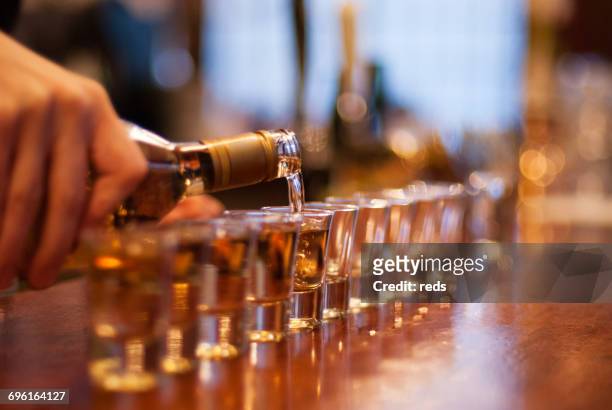 person pouring a line of shots in a bar - slak stock pictures, royalty-free photos & images