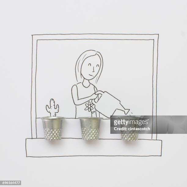 stockillustraties, clipart, cartoons en iconen met conceptual woman watering plants - breekbaarheid