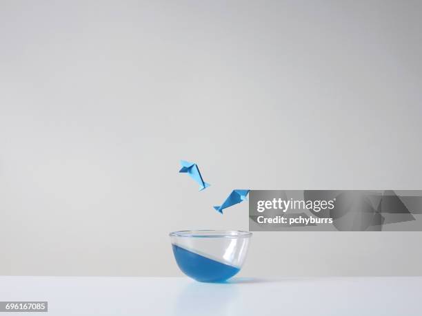 conceptual fish jumping out of a glass bowl - pchyburrs stock pictures, royalty-free photos & images