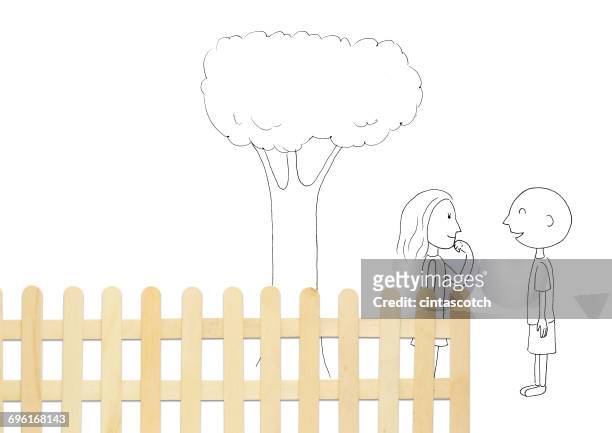 conceptual couple standing by fence talking - couple talking stock illustrations