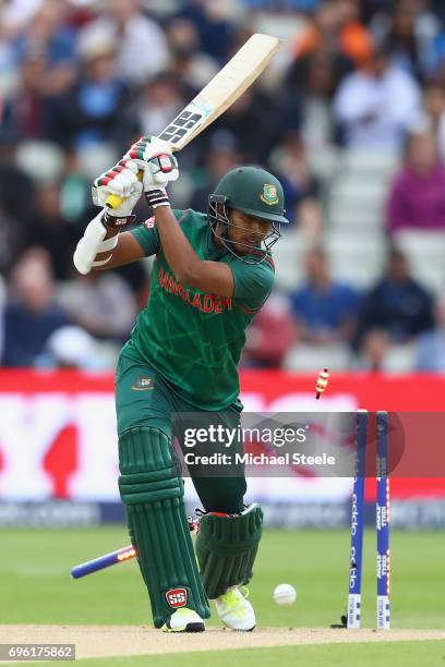 Soumya Sarkar of Bangladesh is bowled by Bhuvneshwar Kumar of India during the ICC Champions Trophy Semi-Final match between Bangladesh and India at...