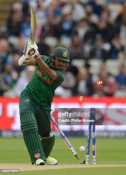 Soumya Sarkar of Bangladesh is bowled by Bhuvneshwar Kumarof India during the ICC Champions Trophy match between Bangladesh and India at Edgbaston...