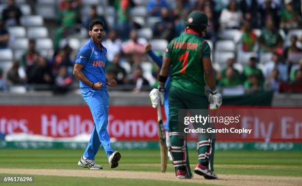 Bhuvneshwar Kumar of India celebrates dismissing Sabbir Rahman of Bangladesh during the ICC Champions Trophy Semi Final between Bangladesh and India...