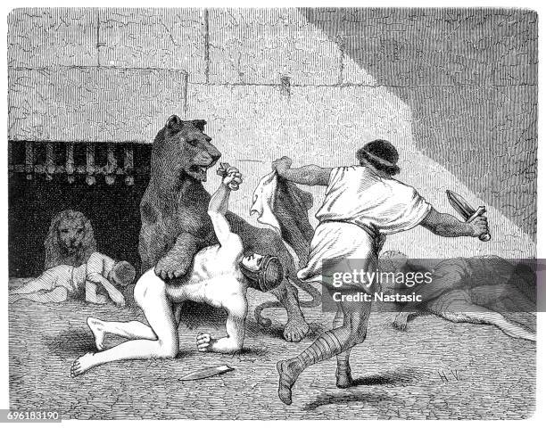 ilustraciones, imágenes clip art, dibujos animados e iconos de stock de los esclavos luchando con leones - lion-fight-drawing
