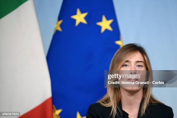 Undersecretary of the Presidency of the Council Maria Elena Boschi presents the Agile Work Directive during a press conference at Palazzo Chigi, on...