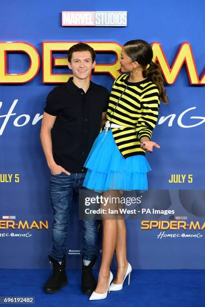 Zendaya and Tom Holland attending the Spider-Man: Homecoming Photocall held at the Ham Yard Hotel, London.