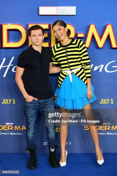 Zendaya and Tom Holland attending the Spider-Man: Homecoming Photocall held at the Ham Yard Hotel, London.