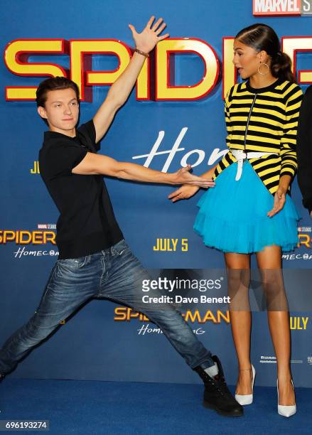 Tom Holland and Zendaya attend the "Spider-Man : Homecoming" photocall at The Ham Yard Hotel on June 15, 2017 in London, England.