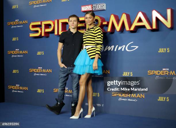 Tom Holland and Zendaya attend the "Spider-Man : Homecoming" photocall at The Ham Yard Hotel on June 15, 2017 in London, England.