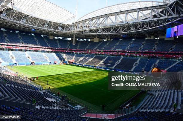 Picture taken on on June 15, 2017 shows a general view of the Saint-Petersburg arena at the Krestovsky Island in Saint Petersburg, ahead of the 2017...