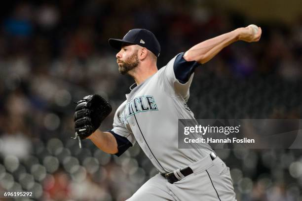 Marc Rzepczynski of the Seattle Mariners delivers a pitch against the Minnesota Twins during the game on June 13, 2017 at Target Field in...