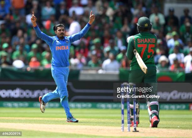 Ravindra Jadeja of India celebrates dismissing Shakib Al Hasan of Bangladesh during the ICC Champions Trophy Semi Final between Bangladesh and India...