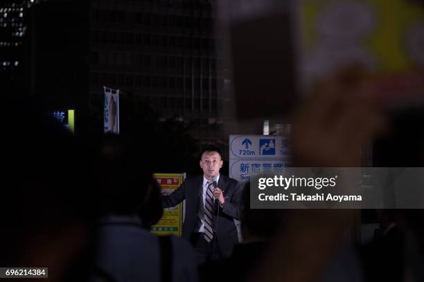 Politician Taro Yamamoto speaks to audience around the JR Shinjuku station on June 15, 2017 in Tokyo, Japan. Early June 15, Japan's upper house...