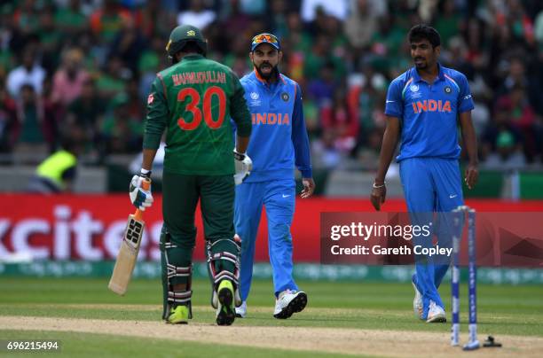India captain Virat Kohli sends off Mahmudullah of Bangladesh after is bowled by Jasprit Bumrah during the ICC Champions Trophy Semi Final between...