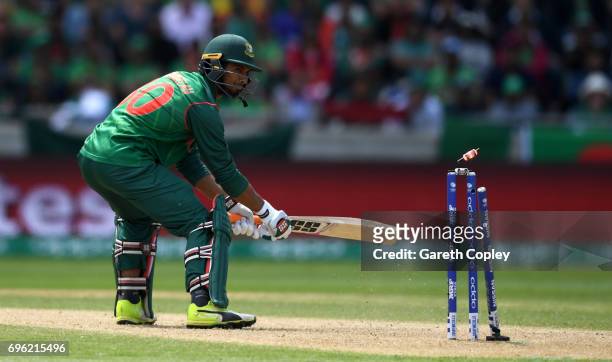Mahmudullah of Bangladesh is bowled by Jasprit Bumrah of India during the ICC Champions Trophy Semi Final between Bangladesh and India at Edgbaston...