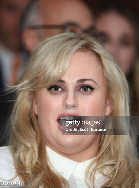 Australian actress Rebel Wilson speaks to the media out the front of the Victorian Supreme Court on June 15, 2017 in Melbourne, Australia. After a...