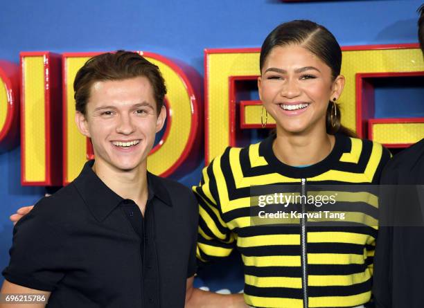 Tom Holland and Zendaya attend the "Spider-Man : Homecoming" photocall at The Ham Yard Hotel on June 15, 2017 in London, England.