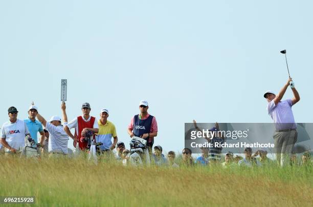 Michael Putnam of the United States plays his shot from the tenth tee during the first round of the 2017 U.S. Open at Erin Hills on June 15, 2017 in...