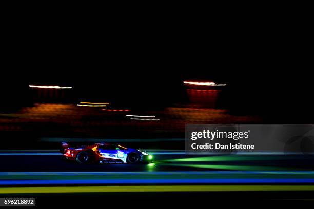 The Ford Chip Ganassi of Joey Hand, Tony Kanaan and Dirk Muller drives during practice for the Le Mans 24 Hour Race at Circuit de la Sarthe on June...