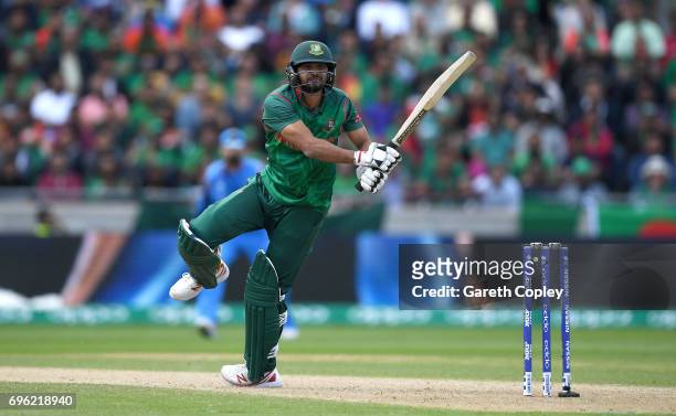 Mashrafe Mortaza of Bangladesh bats during the ICC Champions Trophy Semi Final between Bangladesh and India at Edgbaston on June 15, 2017 in...