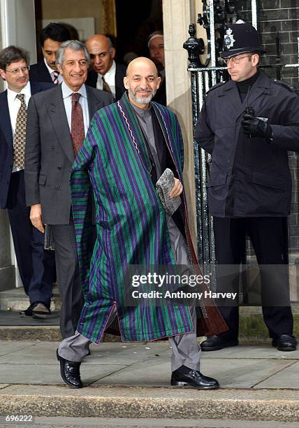 Hamid Karzai, the Interim Afghan leader leaves 10 Downing Street after meeting with British Prime Minister Tony Blair for lunch January 31, 2002 in...