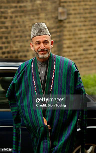 Interim Afghan leader Hamid Karzai arrives at Number 10 Downing Street for a meeting with British Prime Minister Tony Blair January 31, 2002 in...