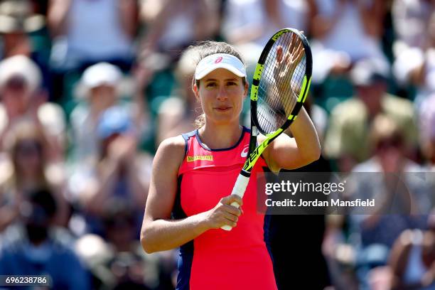 Johanna Konta of Great Britain celebrates victory in her Women's Singles second round match against Yanina Wickmayer of Belgium during day four of...