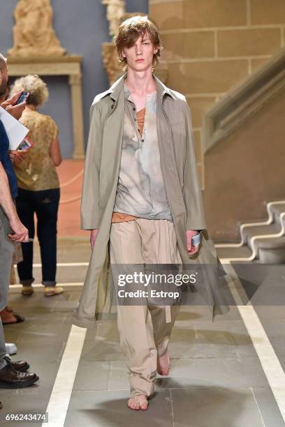 Model walks the runway at the Federico Curradi SS18 show during 92. Pitti Immagine Uomo on June 14, 2017 in Florence, Italy.
