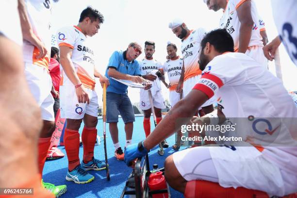 Roelant Oltmans head coach of the India gives instructions during the Pool B match between India and Scotland on day one of Hero Hockey World League...