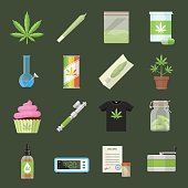 Marijuana equipment and accessories for smoking, storing and growing medical cannabis. Colorful ganja rastafarian vector icon set in cartoon flat style