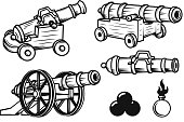 Set of ancient cannons illustrations. Design elements for label, emblem, sign, badge. Vector illustration