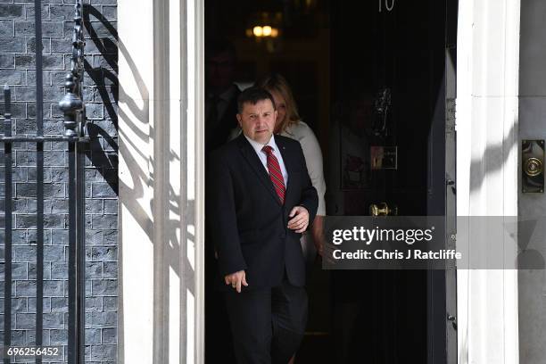 Robin Swann, Leader of the Ulster Unionist Party, leaves with colleagues as he heads to speak to the media outside 10 Downing Street on June 15, 2017...