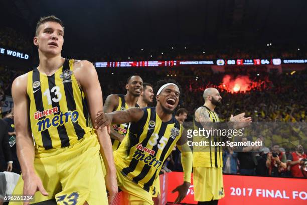 Bogdan Bogdanovic, #13 of Fenerbahce Istanbul and Bobby Dixon, #35 of Fenerbahce Istanbul celebrates at the end of the Championship Game 2017 Turkish...
